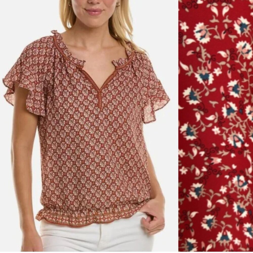 Max Studio Flutter sleeve ruffle neck elastic waist top size L